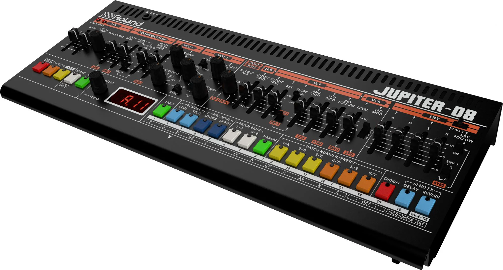 Analoger Synthesizer, Roland Jupiter-08, Schwarzes Gehäuse, Schieberegler, Mehrfarbige Tasten